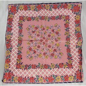 Vintage Linen Floral Handkerchief Pink Criss Cross Lattice Flowers Colorful